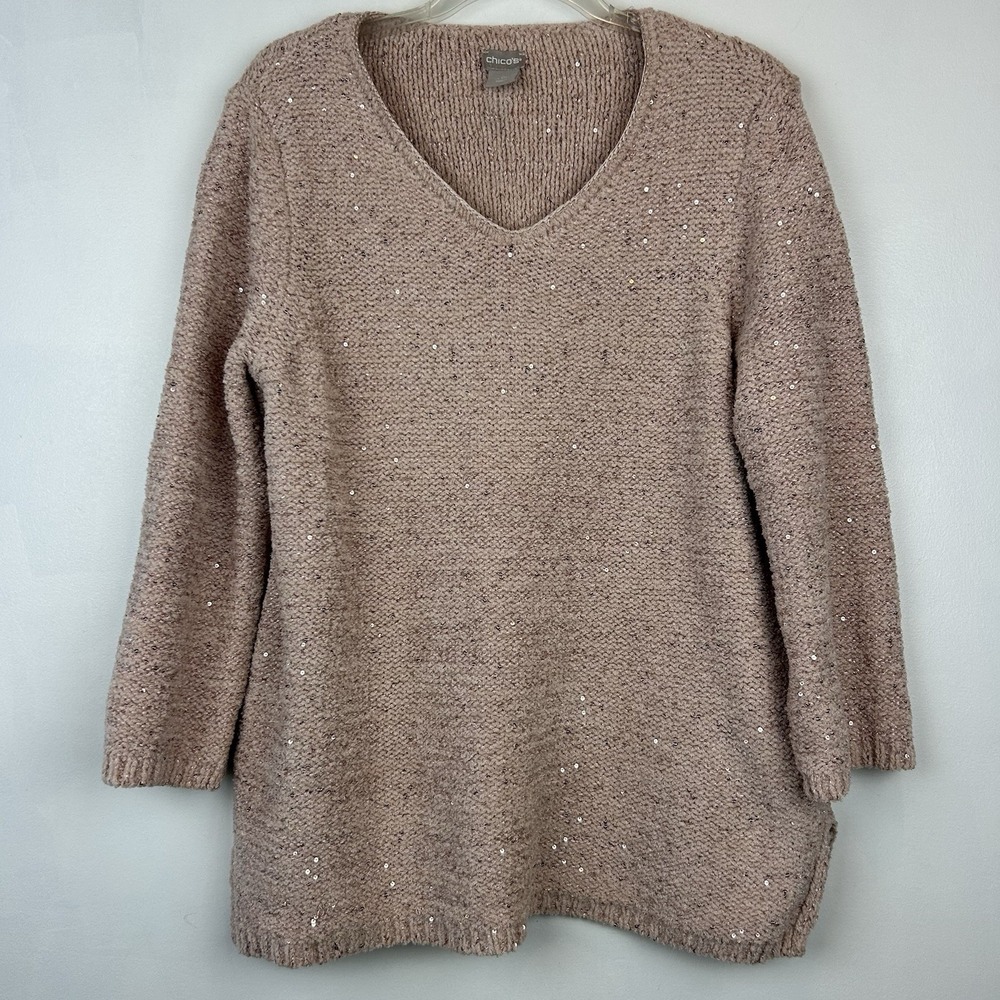 Chicos Sweater Womens L Sequin 2 Dusty Rose Tunic V Neck Chenille Old Money